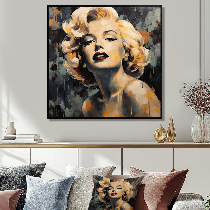 Art mural rétro femme jaune et beige rétro Marilyn Manroe III, 44" H x 44" W, Cadre flottant noir