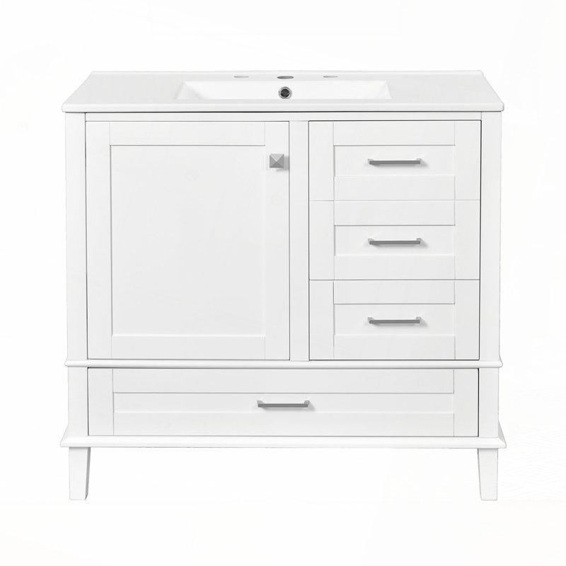Meuble-lavabo moderne 36 po avec cadre en pin massif, 1 porte à fermeture douce et 3 tiroirs, armoire de rangement moderne