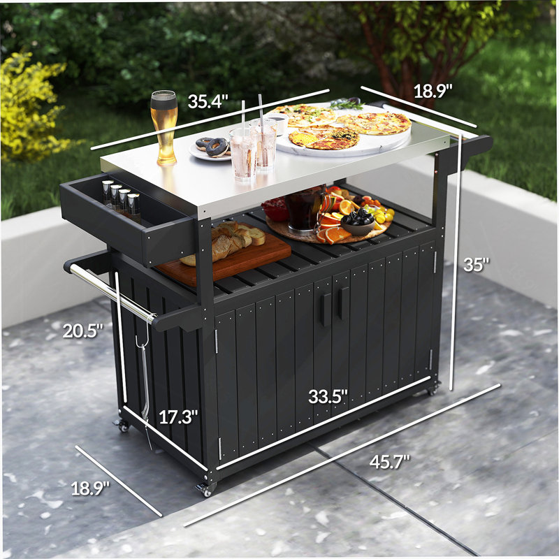 Plateau de table de bar extérieur, chariot de bar extérieur avec rangement, îlot de cuisine à roulettes pour la préparation des aliments