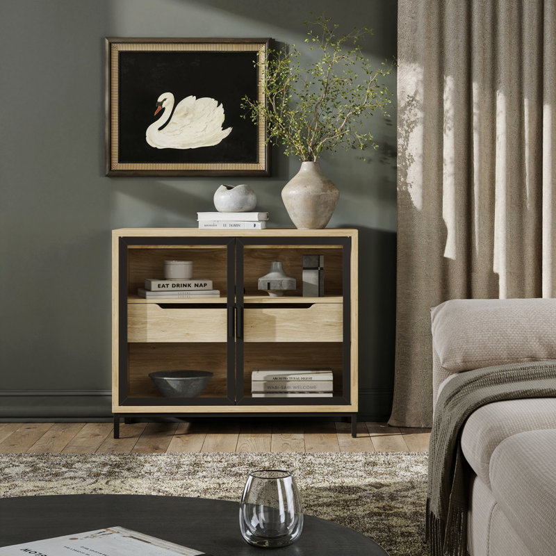 Metal And Glasss Sideboard Accent Cabinet Credenza, 1, 31" H x 36" W x 16" D