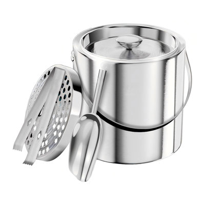 Seau à glace avec couvercle, pelle, pinces et crépine, seau à glace à double paroi, garde la glace plus longtemps, (argent)