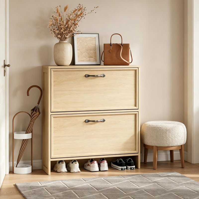Narrow Shoe Cabinet with 2 Flip Drawers and Anti-Tipping Kit for Entryway Hallway, Natural Wood