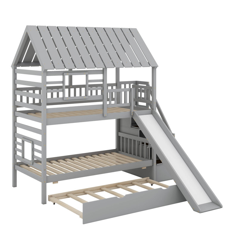 Twin Over Twin Bunk Bed With Trundle, Gray