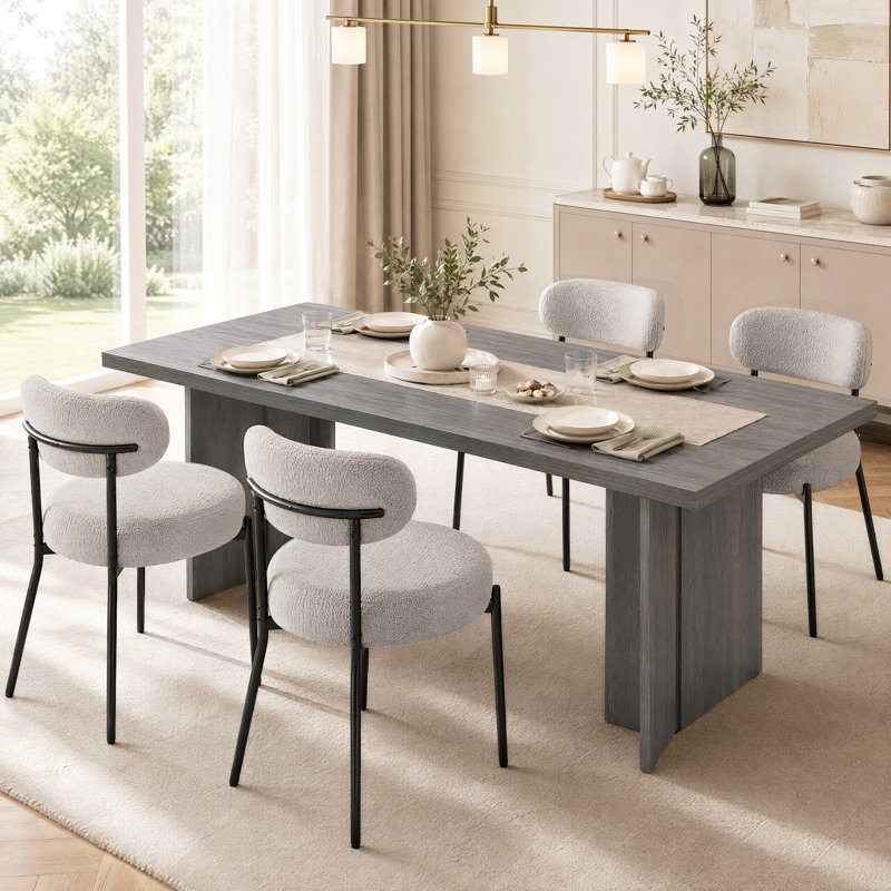 Table de salle à manger rectangulaire en bois Alyria de 70 po avec 4 chaises de salle à manger en cuir bouclé Sherpa, Grey