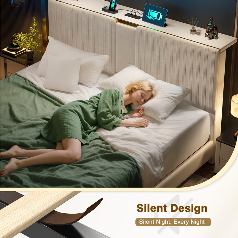 Upholstered Bed Frame With 51"H Storage Velvet Headboard, 2 Drawers And 3 Charging Ports, Beige