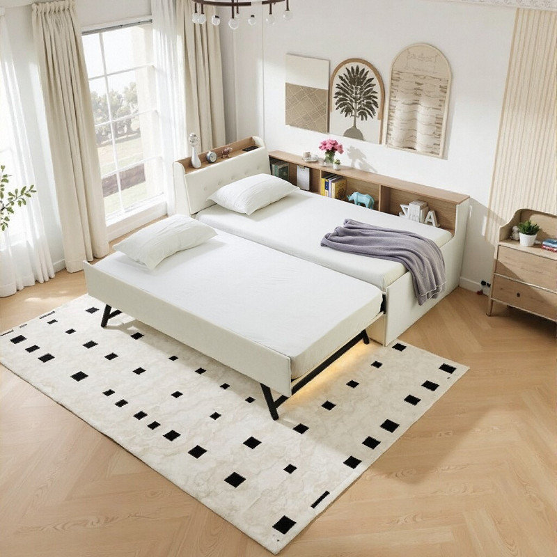Twin Size Smart Daybed with Trundle, LED Lighting & Wireless Charging Storage Bed, Beige