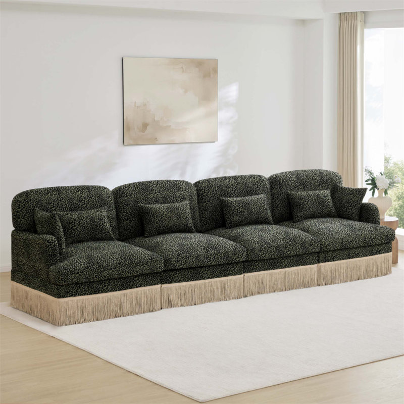 131" Comfy Chenille Leopard Print 4-Seater Sofa - Extra Large Modular Sectional Couch with Double Armrests, Delicate Tassel Edge, Deep Seat Design, Easy Assembly
