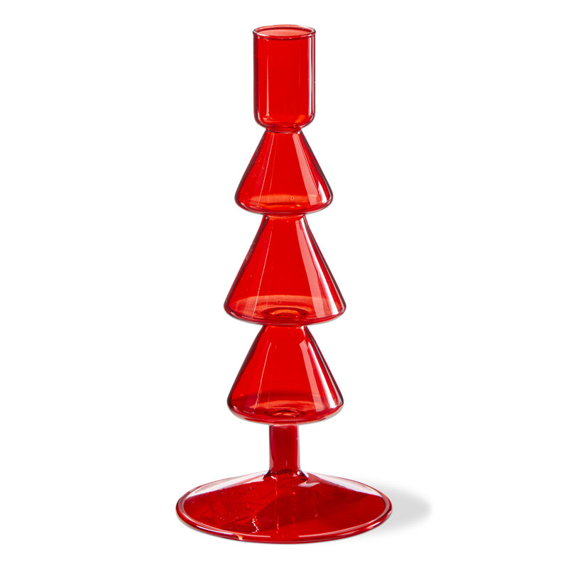 Tree Taper Candle Holder Large Red Glass Christmas, 8" H x 3.55" W x 3.55" D, Red