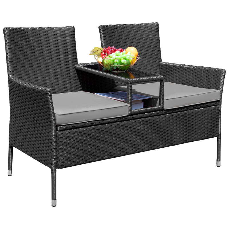 Ensemble de conversation en rotin 3 pièces avec table intégrée pour jardin Margueriez, gris