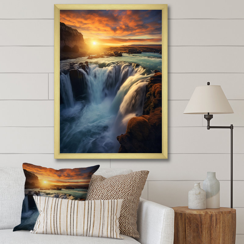 «Summery Sunset Over Majestic Waterfalls I», reproduction d'art sur toile, H 32 po x l 24 po x P 1 po