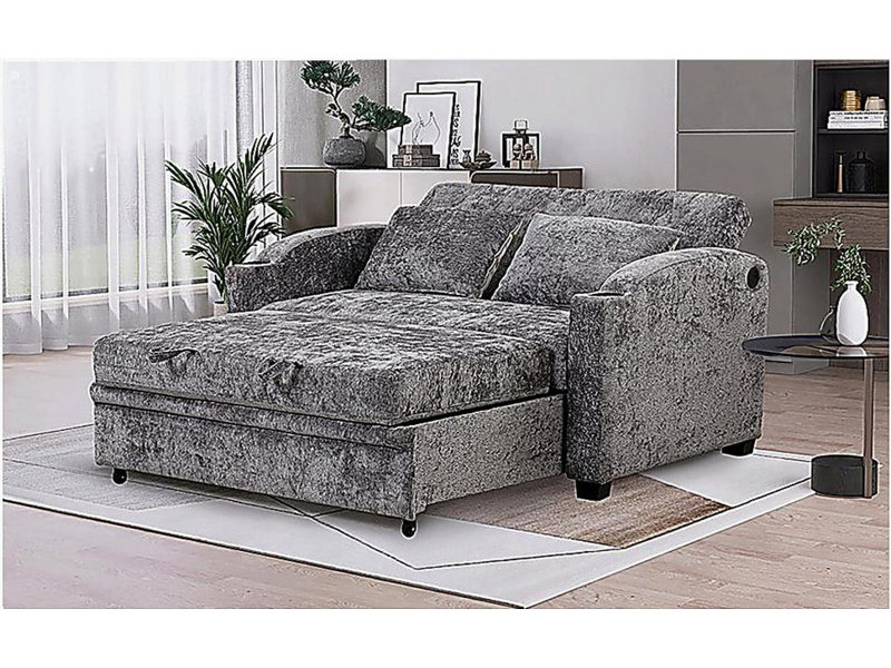 Causeuse à dossier ajustable en velours de 61,6 po, 2 coussins, porte-gobelet, port USB, gris, convient au salon, à l’appartement