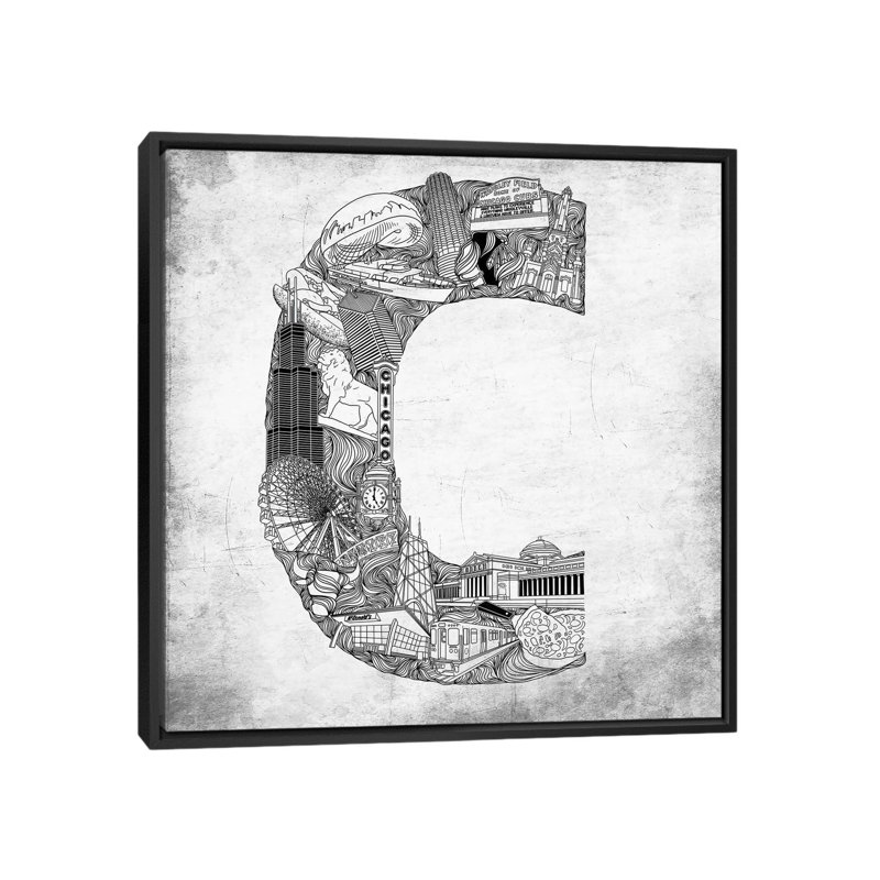 Lettres, monogrammes et noms de Chicago, H 18 po x l 18 po x P 1,5 po, Toile avec cadre noir, Pas de tapis