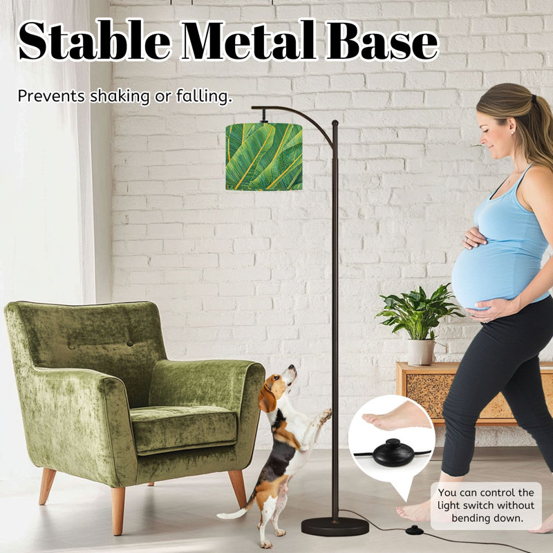 Arc Floor Lamp with Adjustable Lampshade tropical banana palm leaf black whites Standing Lamp 3 Color Temperatures Dimmable Tall Pole Lamp with Foot Switch for Bedroom