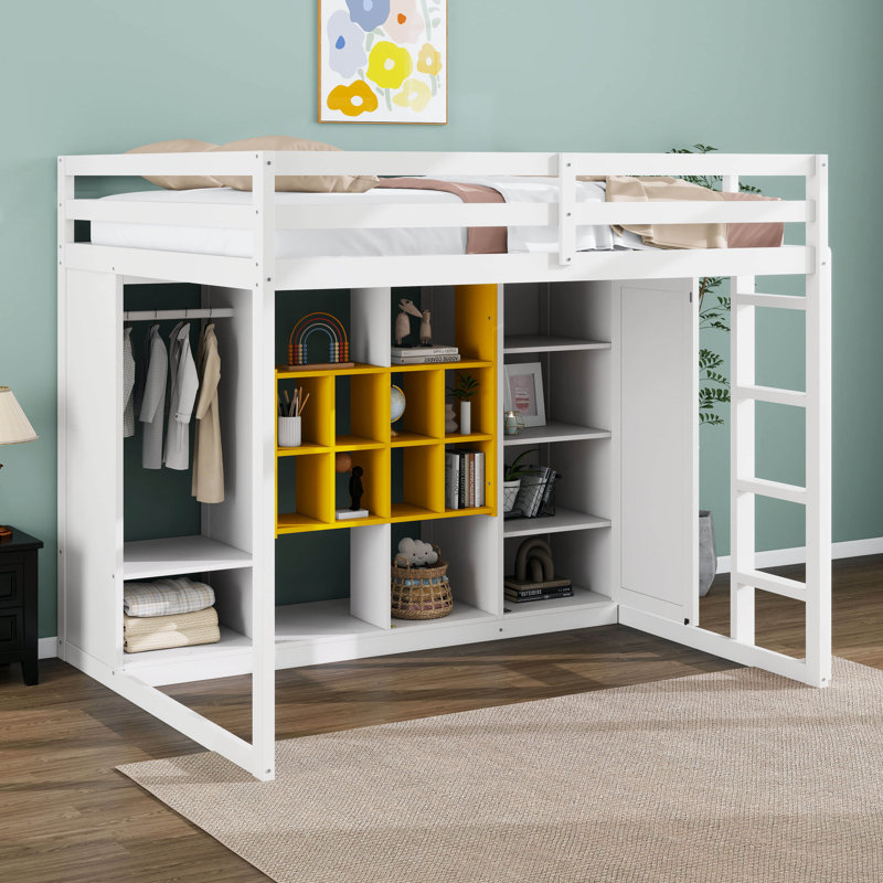 Lit mezzanine en bois pleine grandeur avec garde-robe, tablettes et armoire, échelle réversible, étagères multicouches et garde-corps doubles