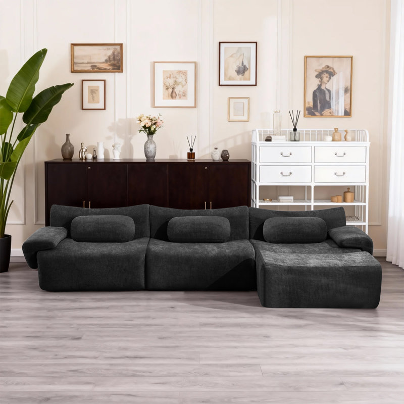 Canapé modulaire modulaire en chenille 3 places avec repose-pieds et coussins ergonomiques, Chenille noir