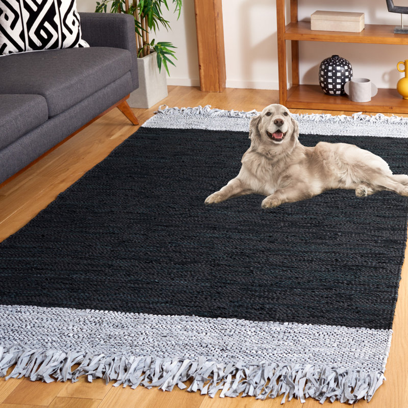 Stadler Hand Woven Leather/Cotton Solid Color Rug in Light Gray/Black, Rectangle 5' x 8'