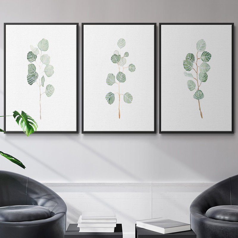 Douce branche d'eucalyptus I, ensemble de 3 toiles encadrées, H 36 po x l 72 po, Noir