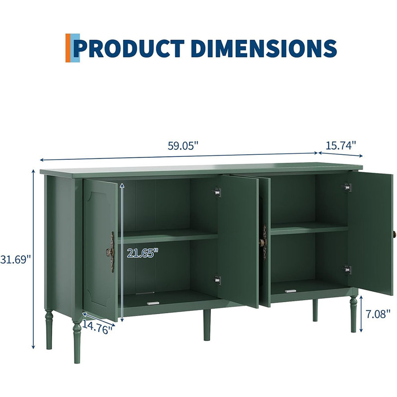 59" Sideboard Buffet Cabinet with Storage, Modern Credenza with 4 Doors and Adjustable Shelves for Dining Room, Kitchen, or Living Room