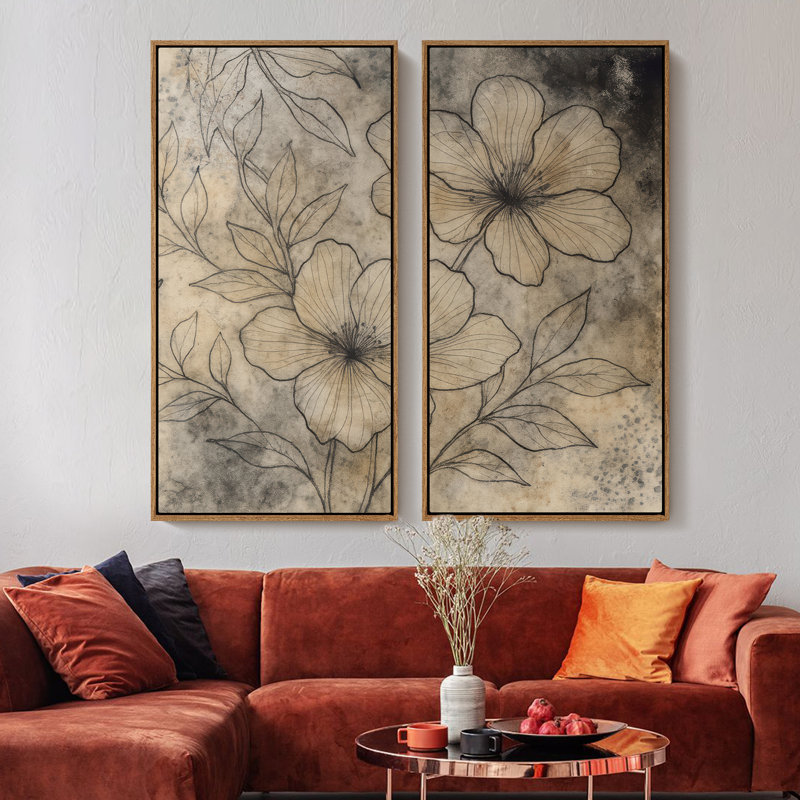 Vintage Botanical Floral Sketch Art for Living Room - Set of 2 Framed Wall Art Print on Canvas 60"x20"x2pcs, 60"x30"x2pcs