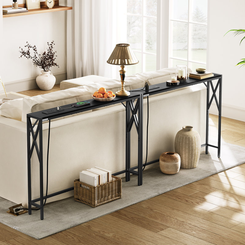 Naun 78.7" Console Table with Power Outlet Narrow Sofa Table, Black