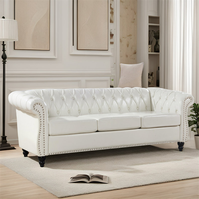 Arlen 84.65'' Faux Leather Rolled Arm Sofa,Nailheads,couch, White Faux Leather