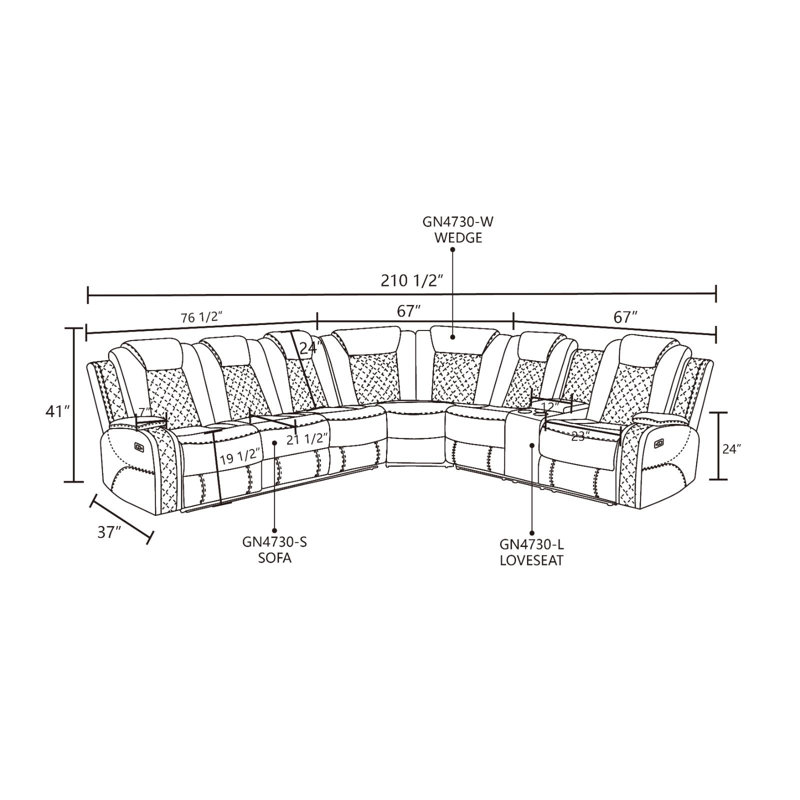 Velora Black Vegan Leather 3-Piece Living Room Sectional Recliner Sofa