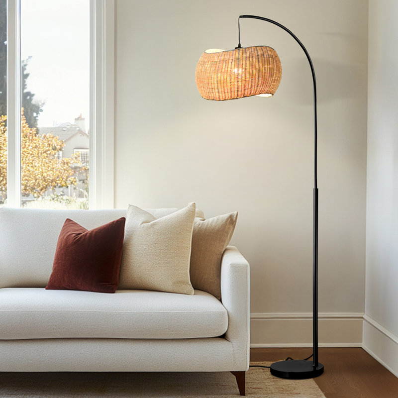 Wave Pendant 81 in. Arched LED Floor Lamp with Wicker Rattan Shade, Boho Style, Bulb Included