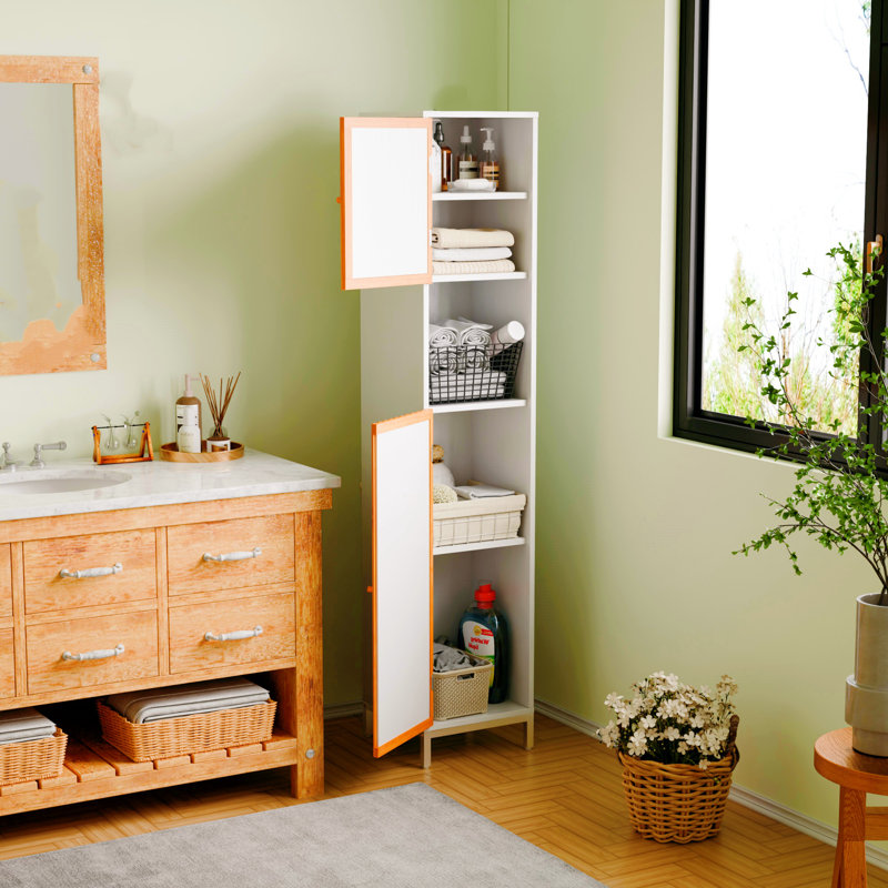 Grande armoire de rangement pour salle de bain avec portes à lattes en bambou, idéale pour les accessoires de salle de bain / beauté et les petits objets de décoration naturels / blancs