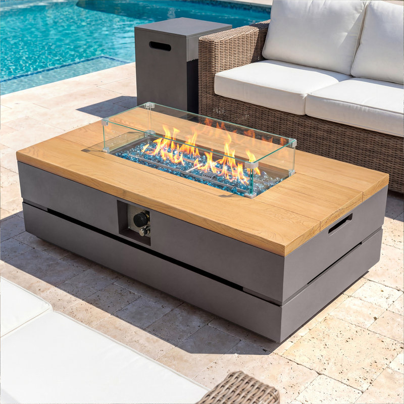 50-inch Rectangle Concrete Propane Fire Pit Table with Tank Cover and Wind Guard,Wood-Look Textured Surface,Gray, Gray