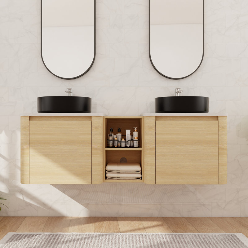 Meuble-lavabo double 60 po avec lavabo en céramique et meuble-lavabo mural 60 po, 59", Beige