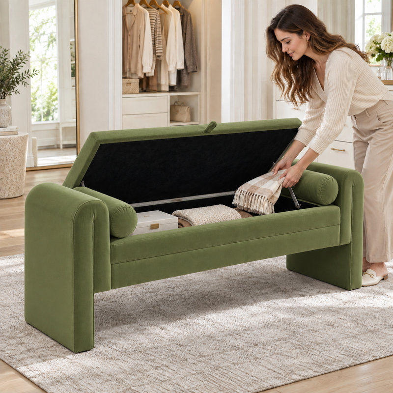 Bench for Bedroom End of Bed, 60.5- inch Upholstered Button Tufted Ottoman Bench with Rolled Arms, Button-Tufted Ottoman for Living Room, Entryway