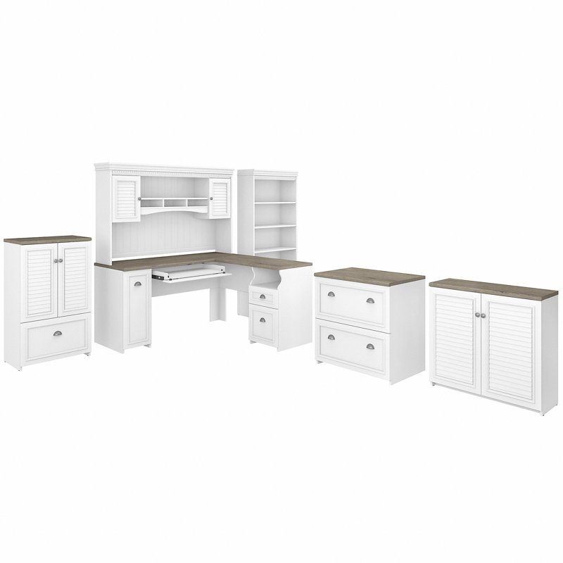 Huckins 5 Piece Computer Desk Office Set, Pure White/Shiplap Gray