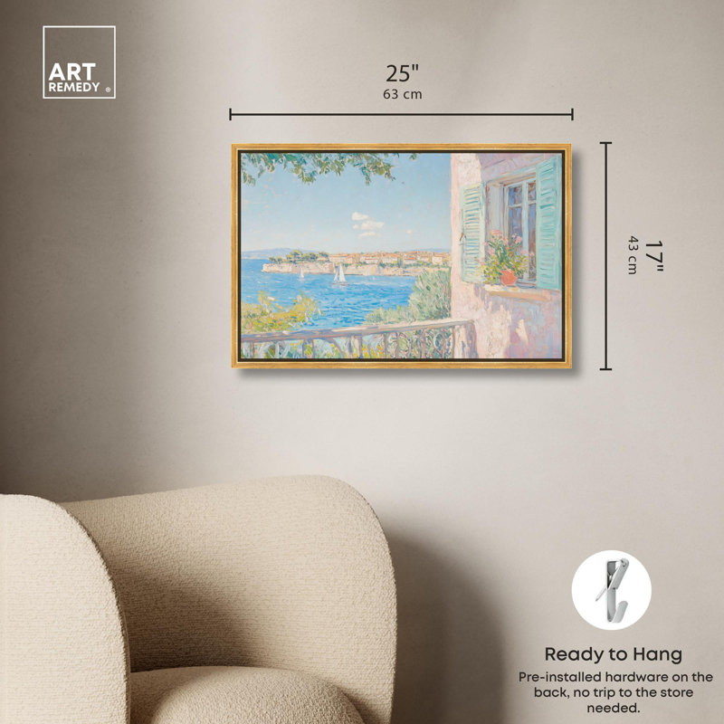 Toile vue méditerranée par Art Remedy, H 17 po x l 25 po, Doré, Cadre flottant