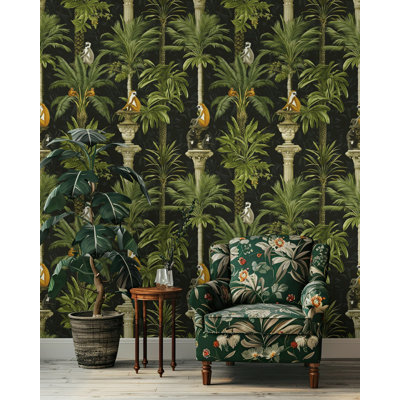 Tropical Lemur Jungle Wallpaper Ornate Greenery and Columns Exotic Nature Wall Mural