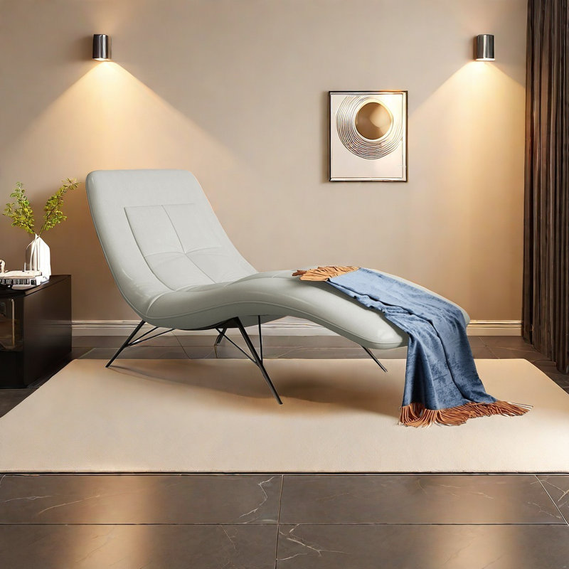 Chaise longue en similicuir avec support en acier au carbone, Blanc crémeux