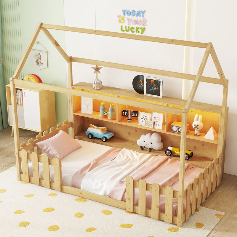 Lit simple avec lumière DEL, lit maison en bois avec bibliothèque de rangement, lit maison au sol, Naturel