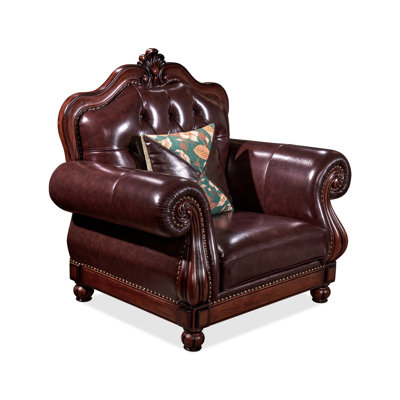 44" Traditional Genuine Leather Armchair, Tufted High-Back With Ornate Solid Wood Frame