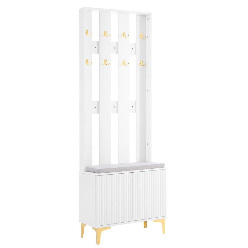 Modern Luxury 4-In-1 Hall Tree With Cushion, Versatile Coat Rack With 8 Hooks And Legs, Entryway Bench With Adjustable Shelves & Fluted Doors For Hallway, Living Room