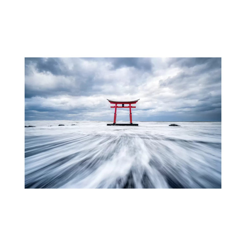 Red Torii Gate In The Sea At The Northern Coast Of Hokkaido by Jan Becke - Wrapped Canvas Print