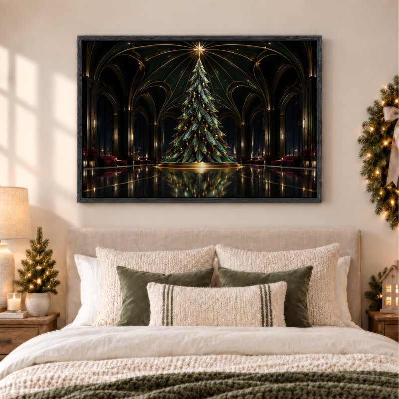 " Green Tree with Gold Star in Cathedral Hall Christmas " Painting, H 36 po x l 48 po