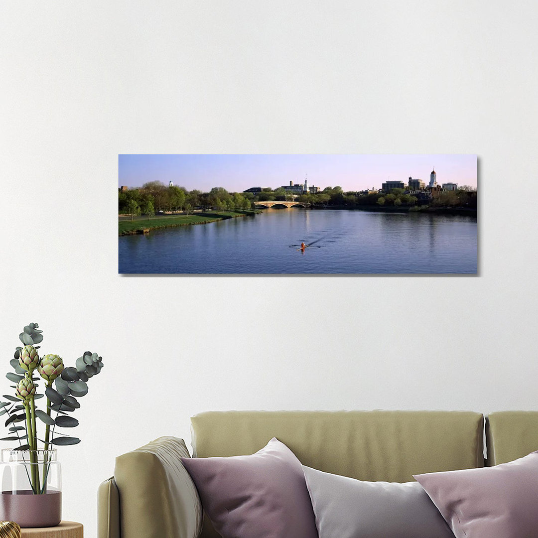 Boat In A River, Charles River, Boston & Cambridge, Massachusetts, USA - Wrapped Canvas Panoramic Print