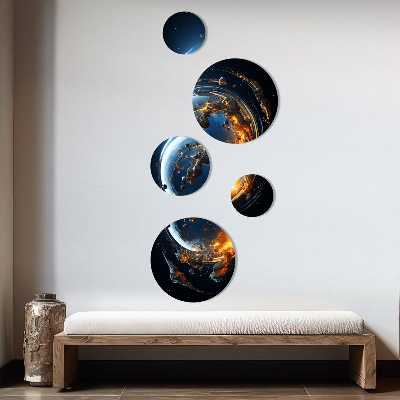 Planète Moléculaire jaune et noir - ensemble d'art mural rond de 5 planètes spatiales