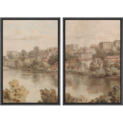 "Vintage Riverside Village", impression sur toile encadrée sur toile, 2 pièces