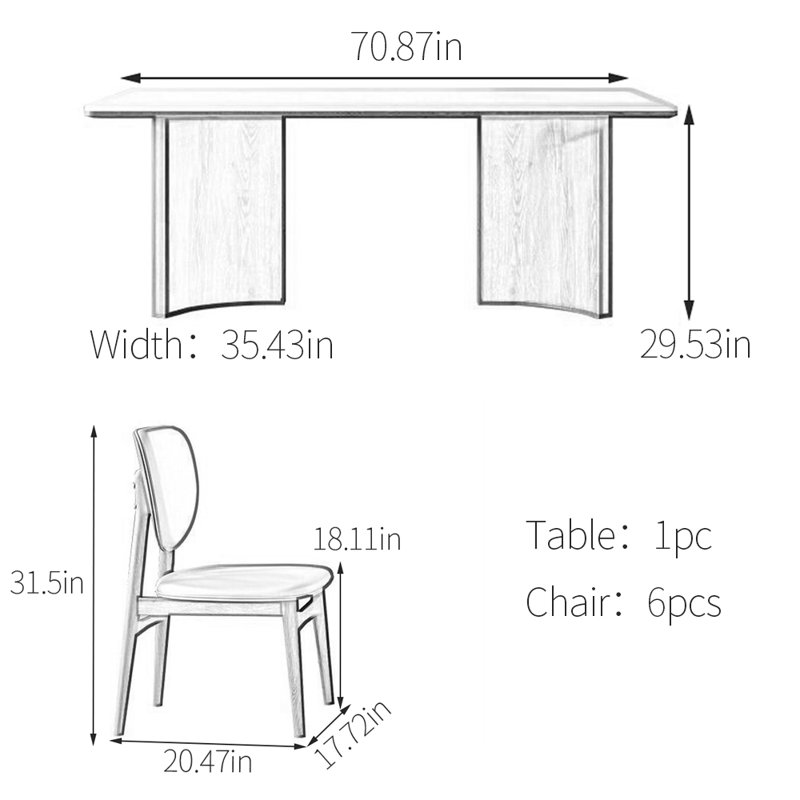 Simple ash wood sintered stone dining table set, 29.53"H x 70.87"L x 35.43"W