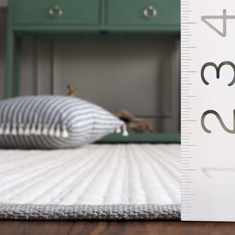 909 Hand Woven Cotton/Wool Striped Rug , Rectangle 6' x 9', Gray/Ivory