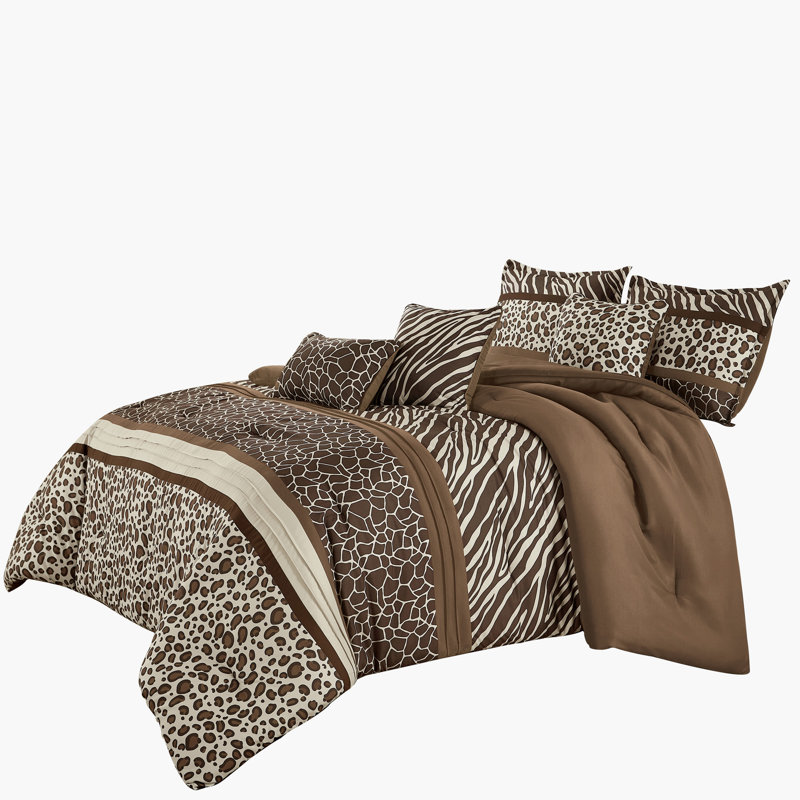 Brown Leopard & Safari Print 6-Piece Microfiber Comforter Set With Zebra And Giraffe Accents，Queen, Queen
