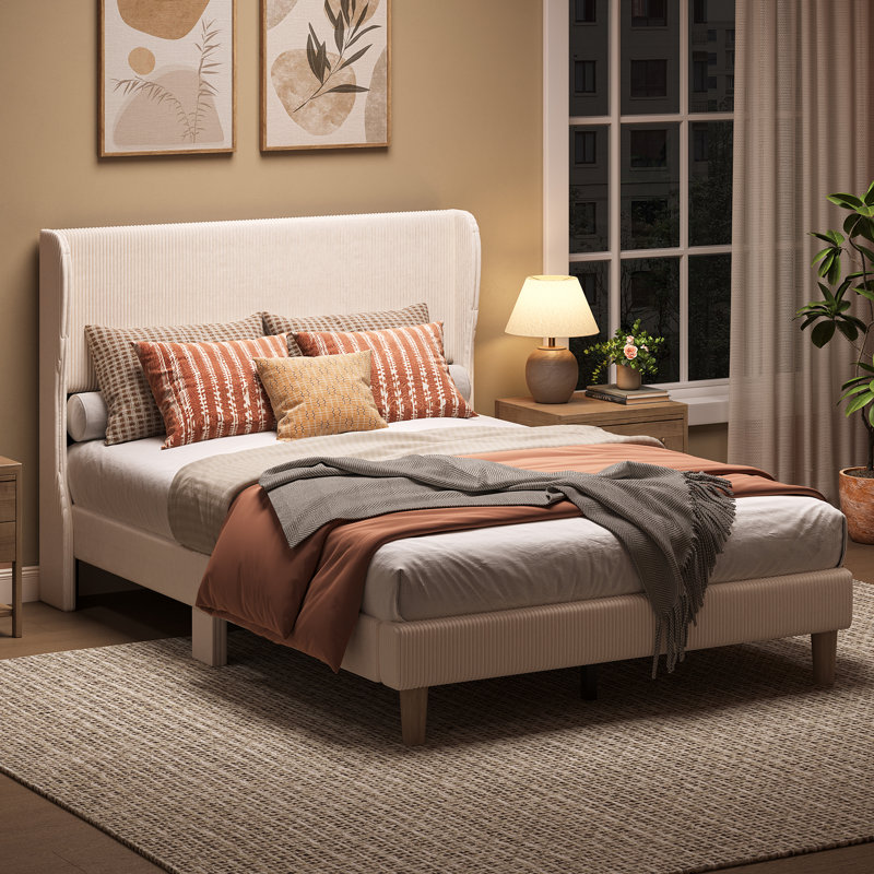 Lit plateforme Abe Aadi en velours côtelé, avec tête de lit capitonnée à oreilles — Sommier non nécessaire, conception gain de place idéale pour les petites chambres et les appartements