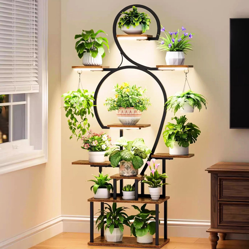 Support pour plante d'intérieur avec culture, structure en métal à 9 niveaux de 63 po de hauteur, design moderne chinois pour l'espace de vie, apparence de noyer brun, étagère à base horizontale, plusieurs plantes dans le balcon,