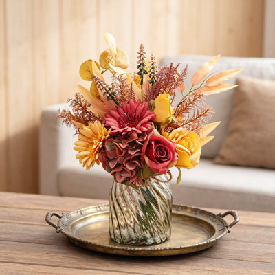 Fleurs artificielles artificielles avec vase, roses en soie artificielle et hortensias pour les décorations de table de salle à manger de cuisine de ferme, décor d'automne pour bureau à domicile rouge foncé
