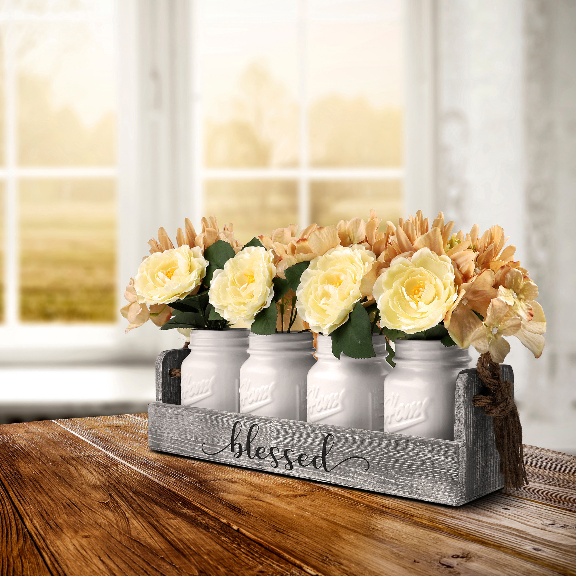 Sunflower Mason Jar Centerpiece, Year Round Table Decor, Rustic Wood Crate,  Yellow Sunflower Decor, Farmhouse Table, Kitchen Table Decor 